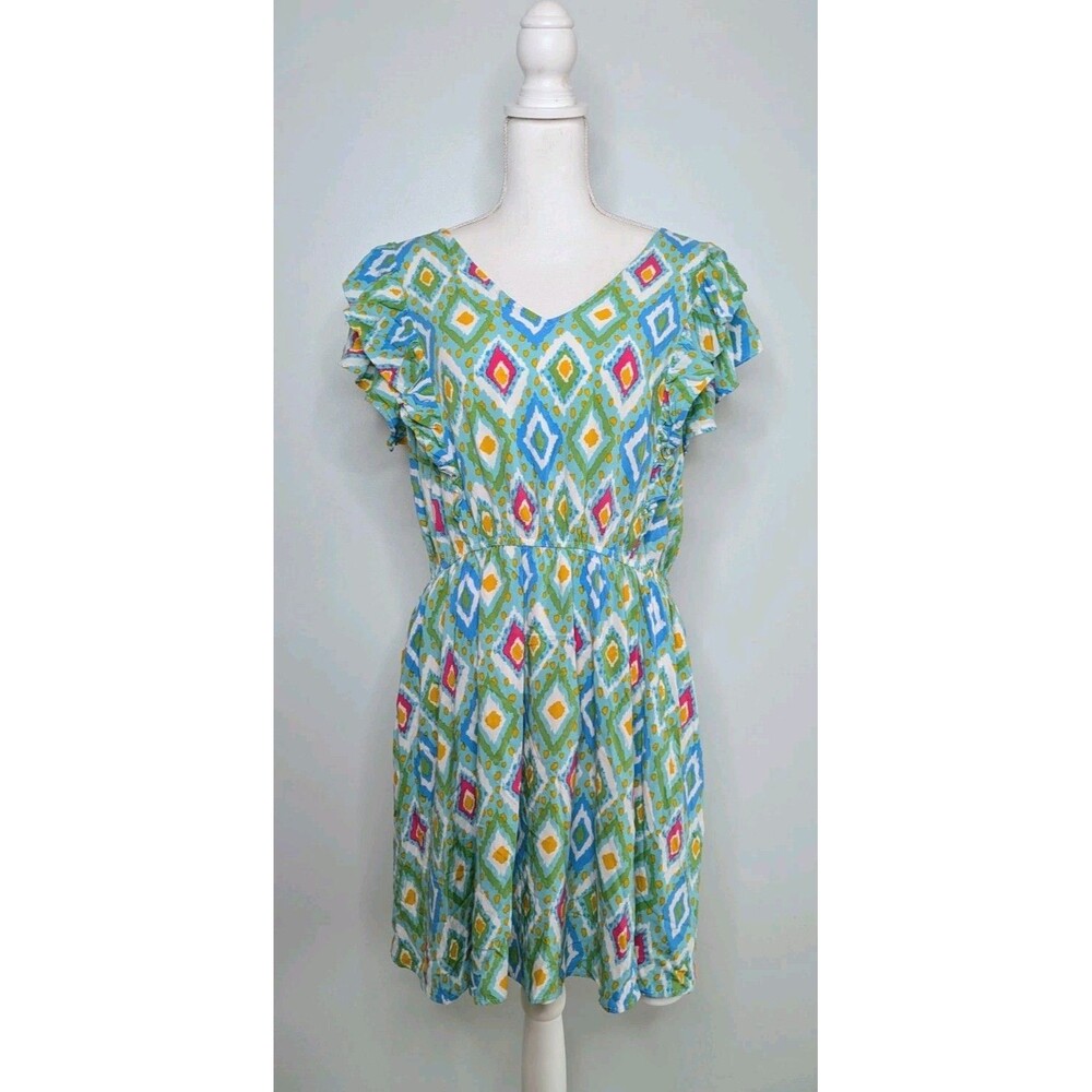Savanna Jane 1X Rayon Geometric Ikat Ruffle Dress Blue Green Boho Plus